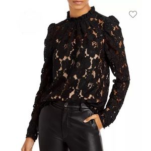 WAYF PLEATED RUFFLE NECK LONG PUFF SLEEVE BLOUSE